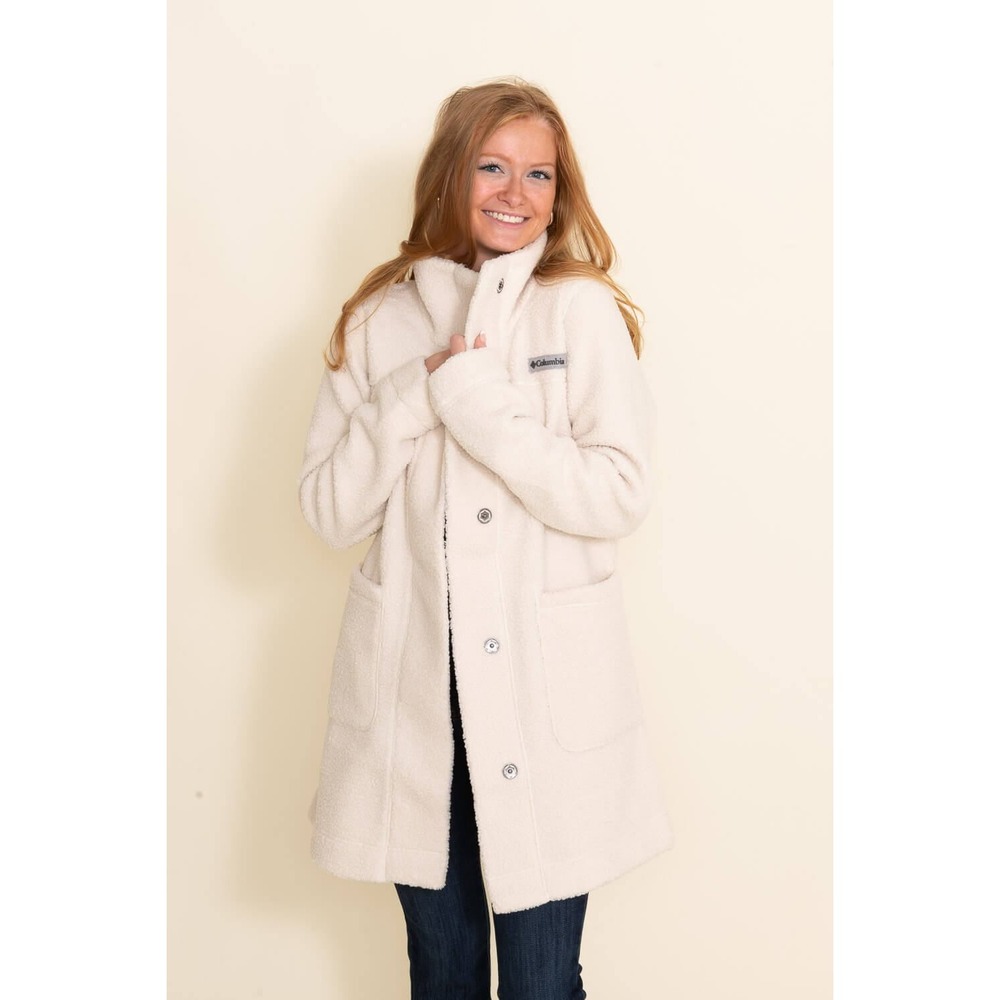 Columbia Panorama Long Jacket Sherpa Fleece Cream Womens XL Cozy